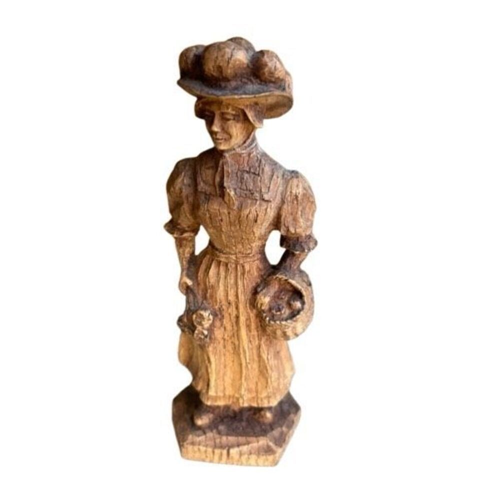 Wooden Hand Carved Woman Holding Basket And Flower Bouquet